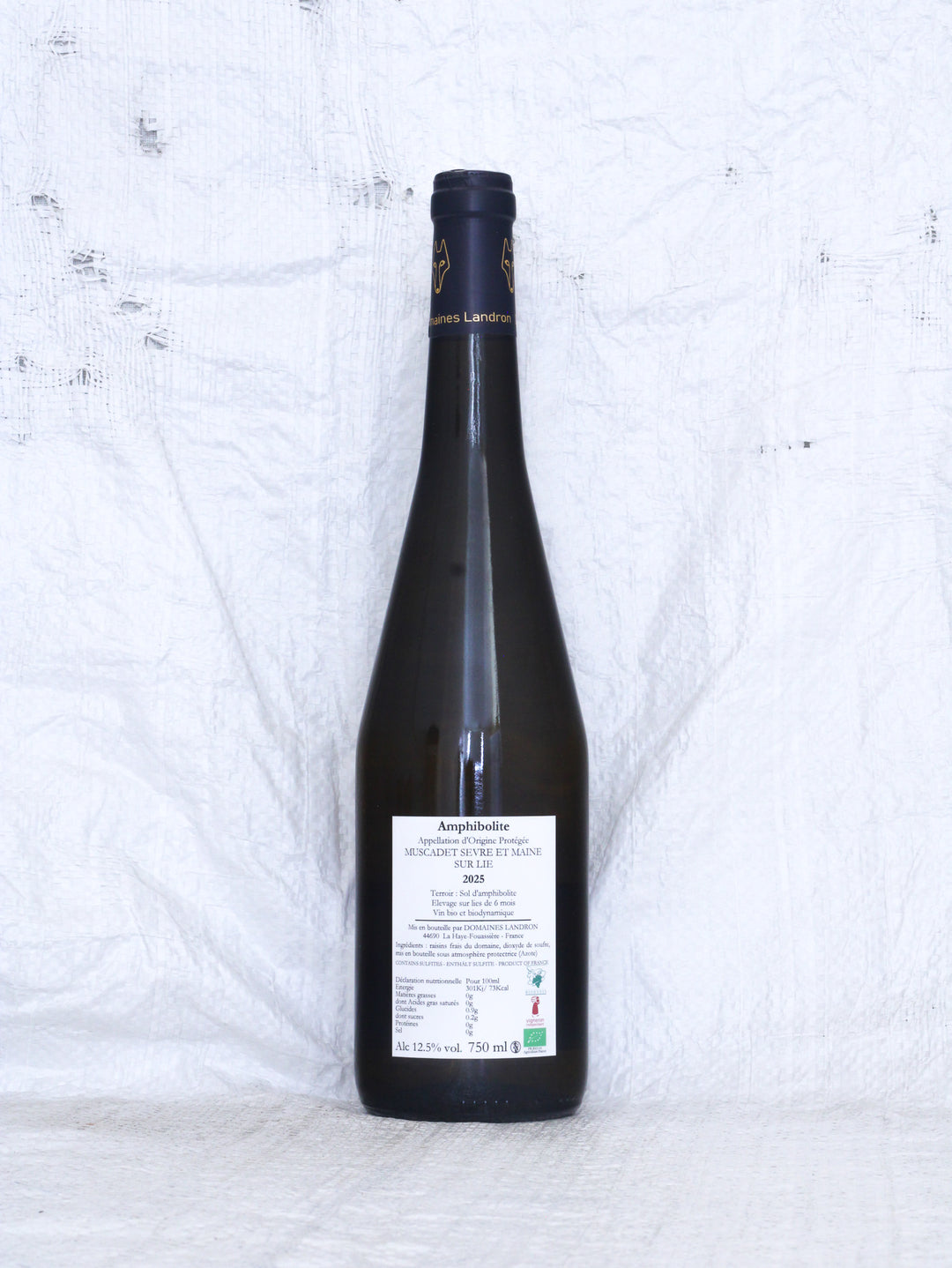 Rücketikett von Jo Landron Amphibolite 2025 Muscadet Bio Wein aus der Loire mit Informationen zu Rebsorte und Vinifikation