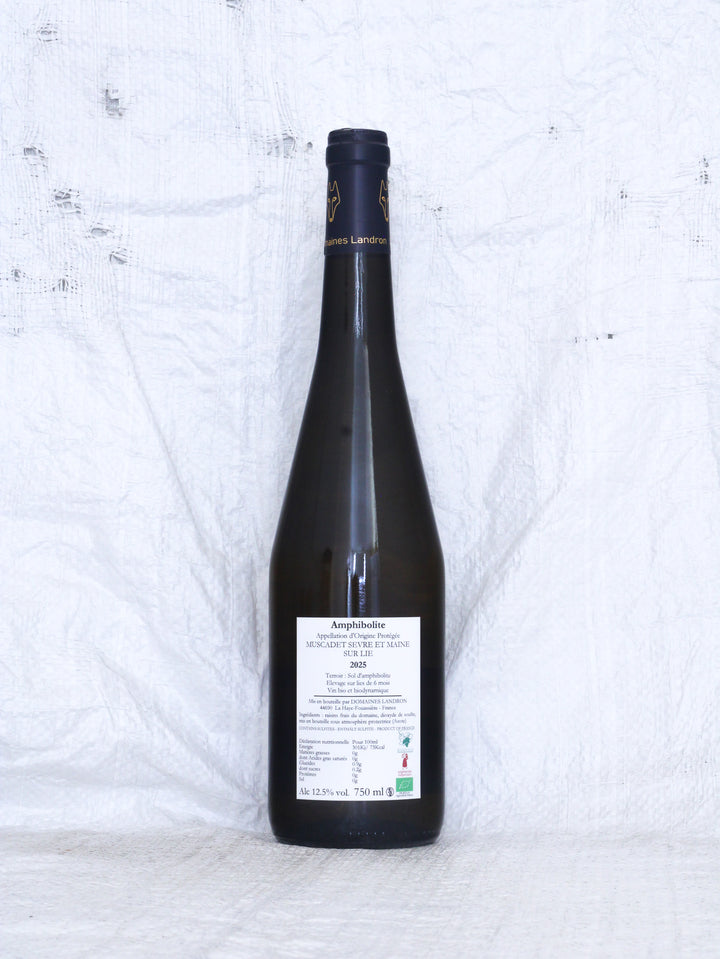 Rücketikett von Jo Landron Amphibolite 2025 Muscadet Bio Wein aus der Loire mit Informationen zu Rebsorte und Vinifikation
