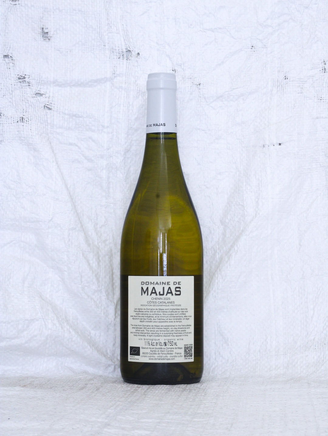 Rückseite von Domaine de Majas Chenin Blanc 2025 Bio Weißwein aus Frankreich mit Details zu Herkunft und Ausbau