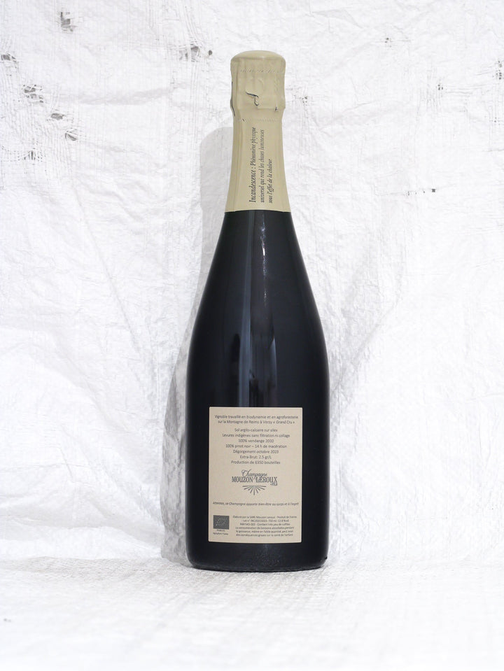 Rückansicht der L'Incandescent 2020 Bio Champagnerflasche von Mouzon-Leroux mit Rückenetikett, 100% Pinot Noir Grand Cru Verzy Details