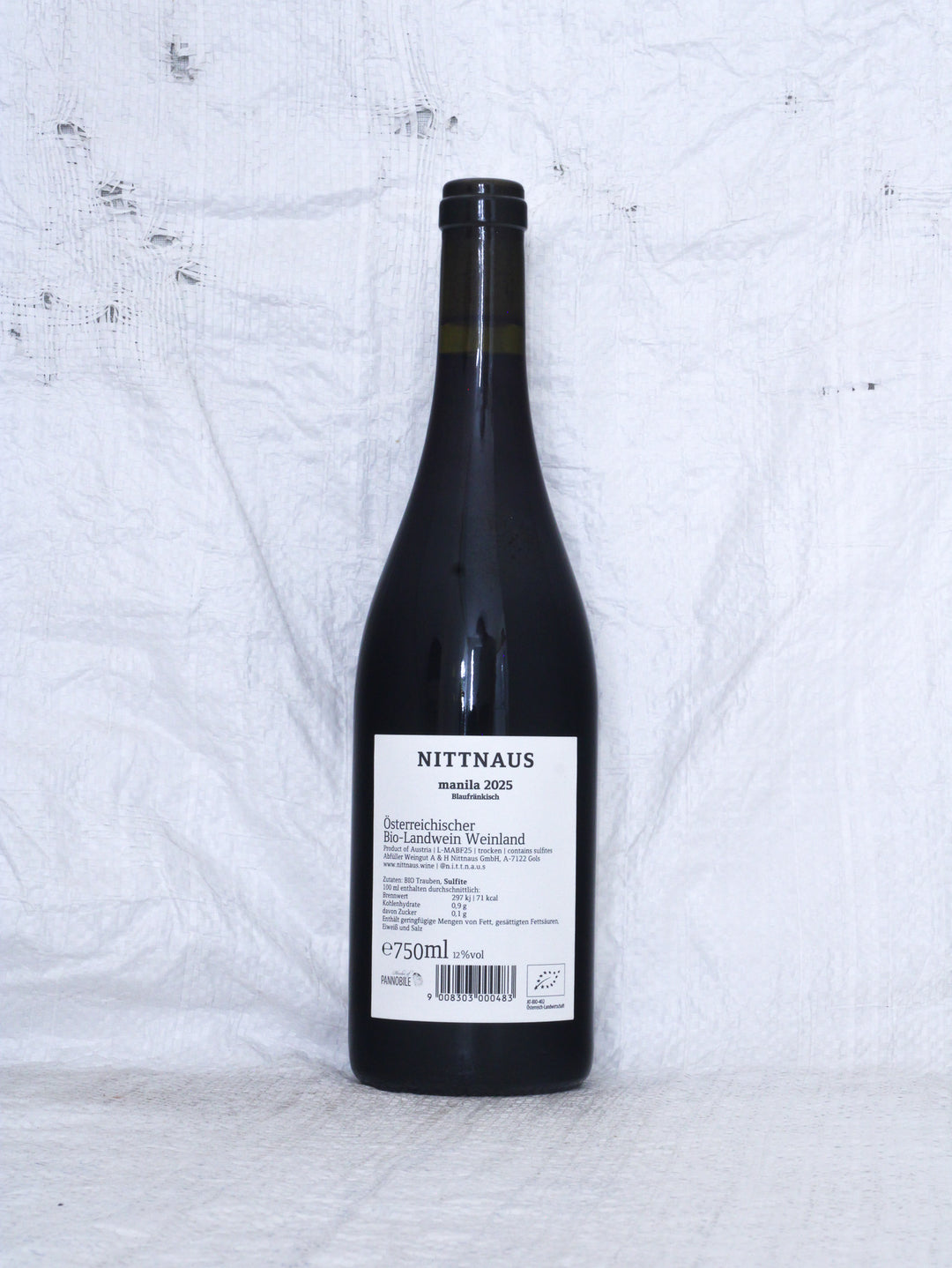 Rücketikett des Manila Blaufränkisch 2025 Bio von Martin, Andreas & Lydia Nittnaus aus dem Burgenland
