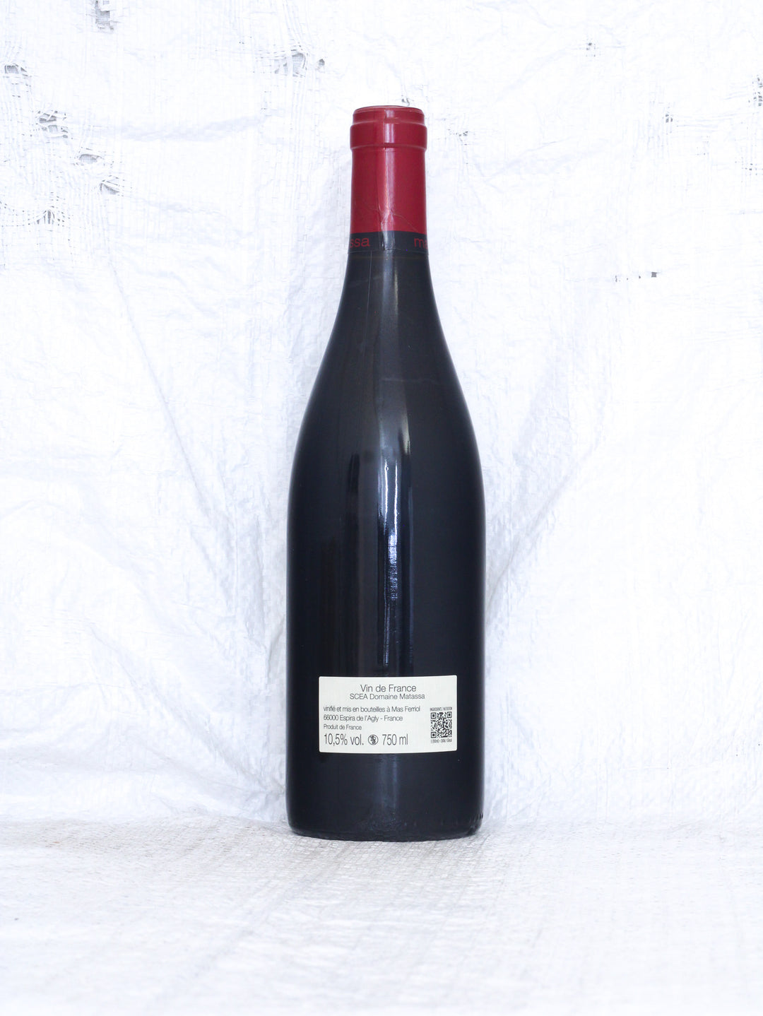 Rücketikett von Matassa Tommy Ferriol 2025 Natur Rotwein aus Frankreich mit Informationen zu Rebsorten, Herkunft und Vinifikation