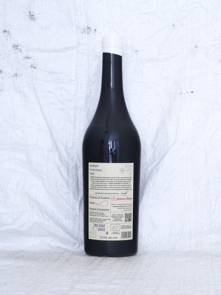 Rücketikett des Numen Fumé Blanc 2024 Bio Naturweins von Johannes Zillinger aus dem Weinviertel