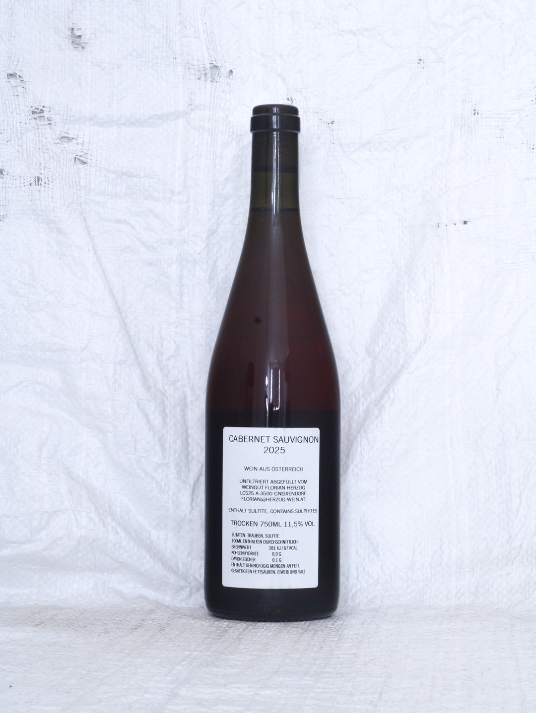 Rücketikett des Cabernet S. Rosé 2025 Bio Naturweins von Florian Herzog aus dem Kremstal in Niederösterreich.