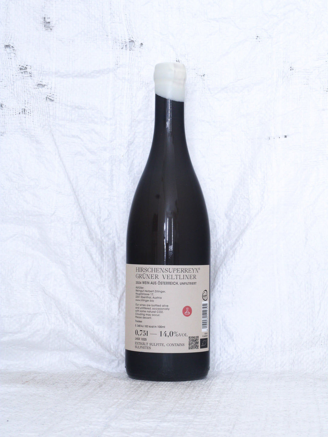 Rücketikett des Hirschensuperreyn Grüner Veltliner 2024 Bio Naturweins von Herbert Zillinger aus dem Weinviertel.