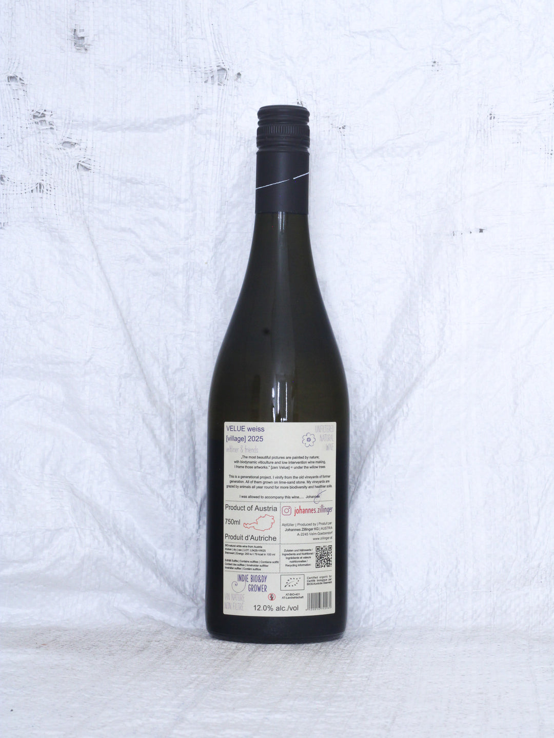 Rücketikett des Velue Weiß 2025 Bio Naturweins von Johannes Zillinger aus dem Weinviertel.