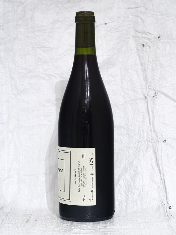 La Souteronne 2021 von Hervé Souhaut, Rückansicht der Gamay-Flasche mit Rückenetikett und Infos zum Naturwein